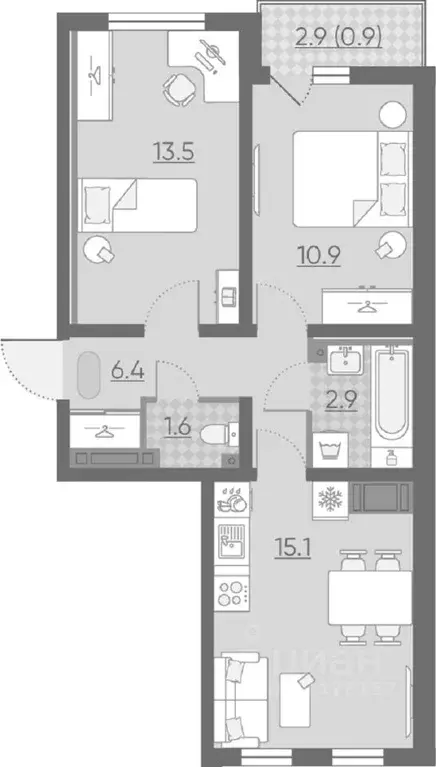 2-к кв. Санкт-Петербург ул. Чарушинская, 26к1 (51.3 м) - Фото 1