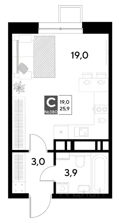 Студия Омская область, Омск Снегири жилрайон,  (25.9 м) - Фото 0