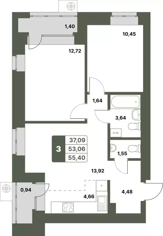 3-комнатная квартира: Уфимский район, село Миловка (55.4 м) - Фото 0