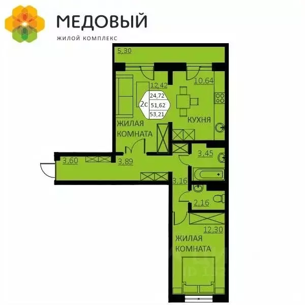 2-к кв. Пермский край, д. Кондратово ул. Г.Н. Нифантова, 4А (51.6 м) - Фото 0