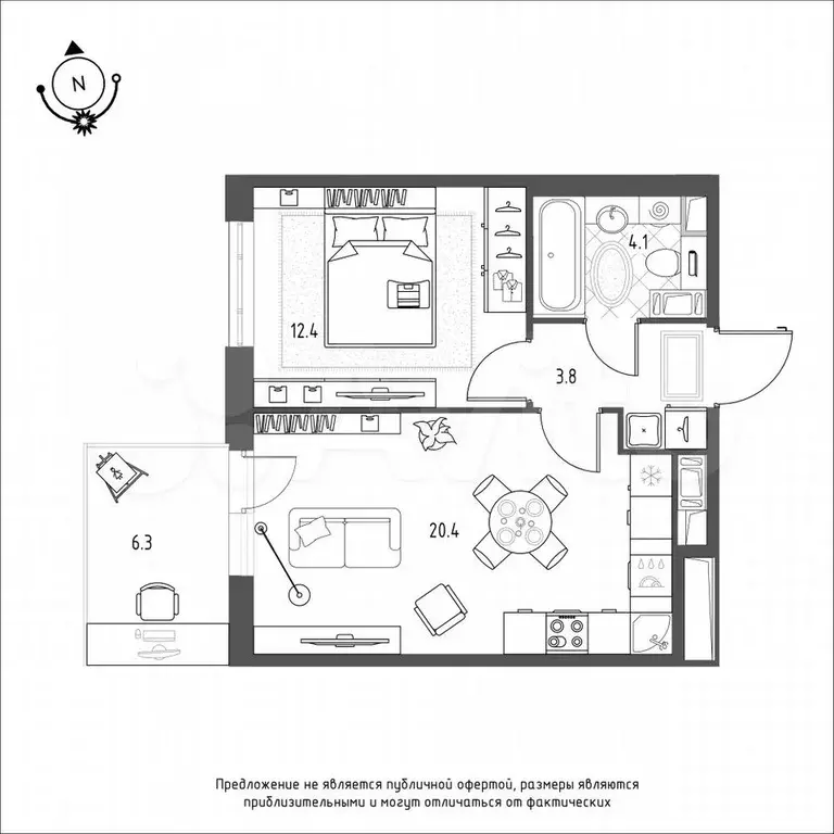 1-к. квартира, 42,6 м, 8/9 эт. - Фото 0