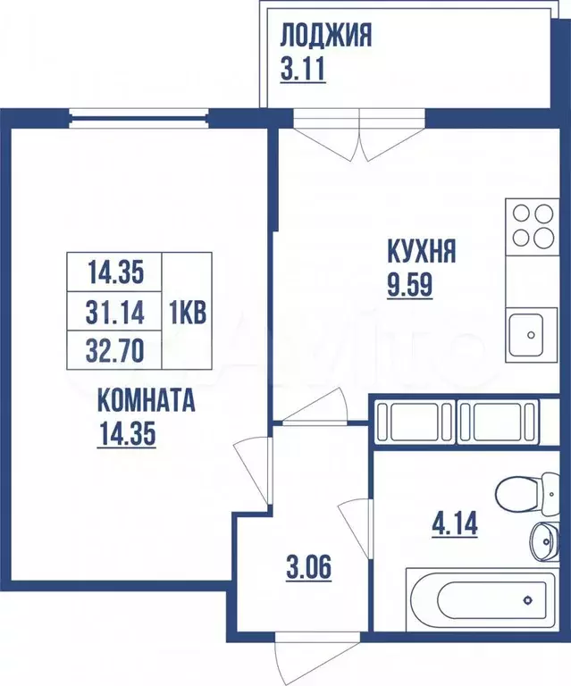 1-к. квартира, 33 м, 9/18 эт. - Фото 1