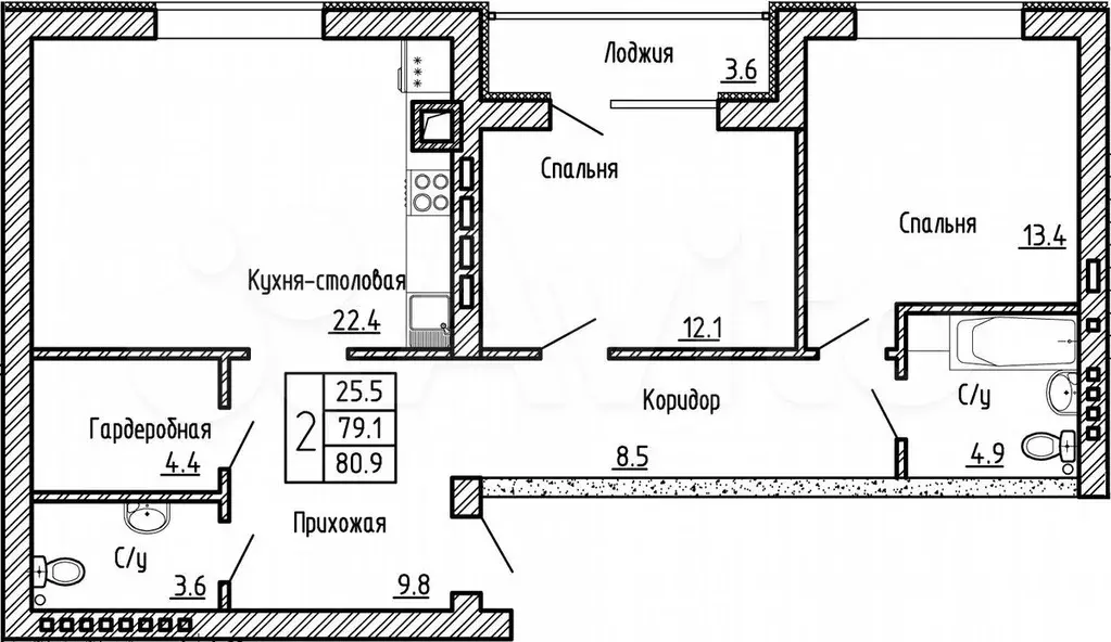 2-к. квартира, 80,9 м, 3/4 эт. - Фото 1