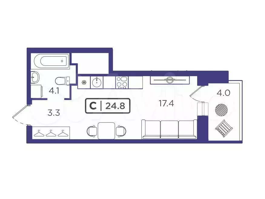 Квартира-студия, 24,8 м, 7/24 эт. - Фото 1