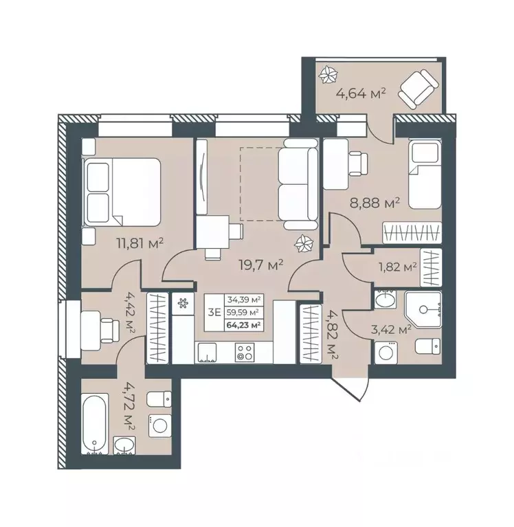 3-к кв. Тульская область, Узловая  (64.23 м) - Фото 1