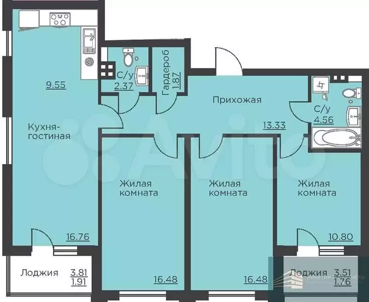 3-к. квартира, 95,9 м, 2/18 эт. - Фото 0