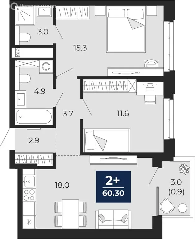 2-комнатная квартира: Тюмень, улица Тимофея Чаркова, 77 (62.4 м) - Фото 1