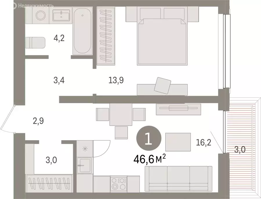 1-комнатная квартира: Тюмень, Мысовская улица, 26к1 (46.56 м) - Фото 1