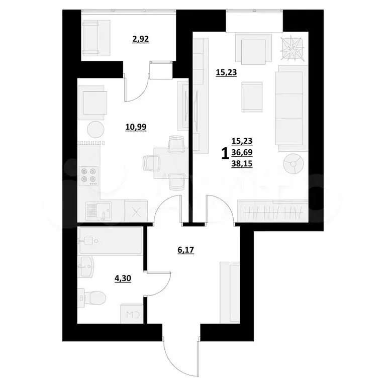 1-к. квартира, 36,6 м, 4/4 эт. - Фото 1