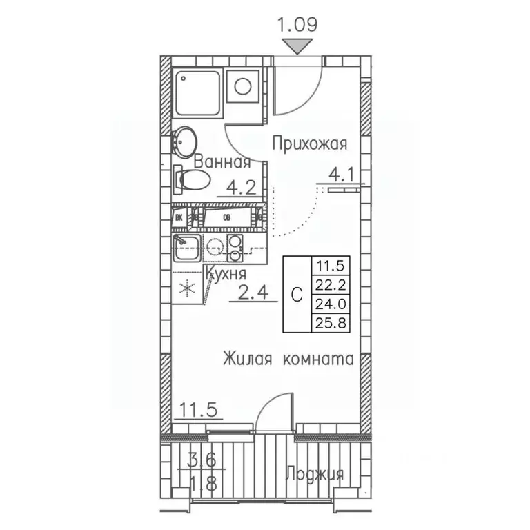 1-к кв. Приморский край, Владивосток ул. Расула Гамзатова, 7к1 (25.8 ... - Фото 1