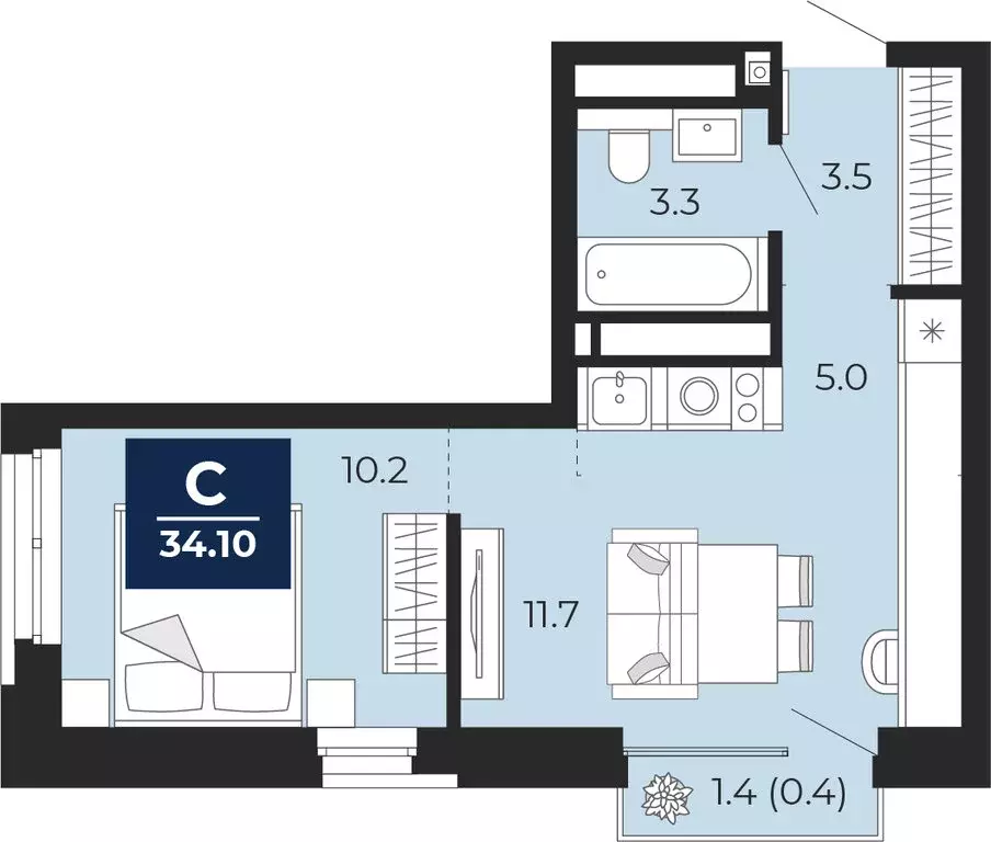 Квартира-студия: Тюмень, улица Тимофея Чаркова, 77 (35.1 м) - Фото 1