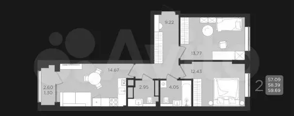 2-к. квартира, 58,4 м, 5/9 эт. - Фото 1
