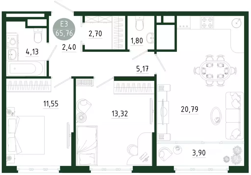 2-к кв. Тульская область, Тула Платон Парк жилой комплекс (65.76 м) - Фото 1
