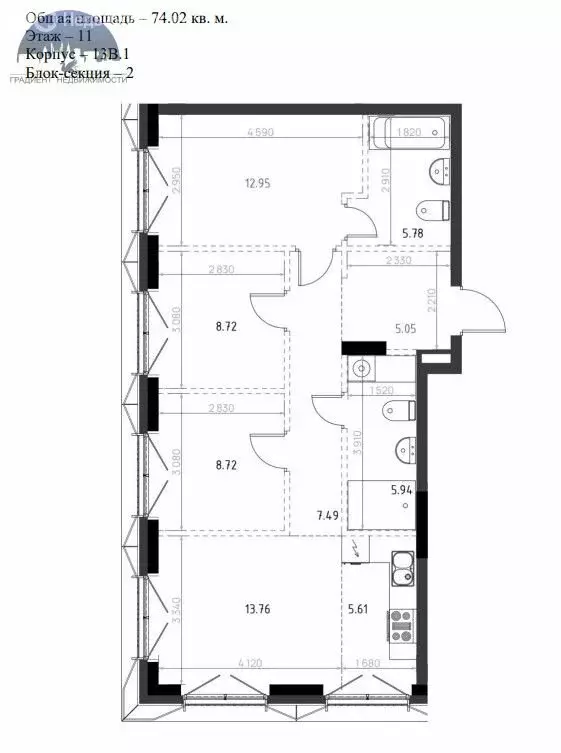 3-комнатная квартира: Казань, улица Меховщиков (74.02 м) - Фото 1