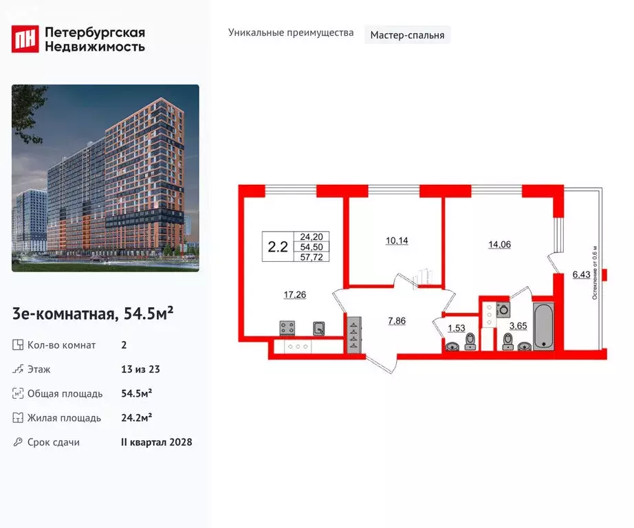 2-комнатная квартира: деревня Новосаратовка, ЖК Город Звёзд (54.5 м) - Фото 0