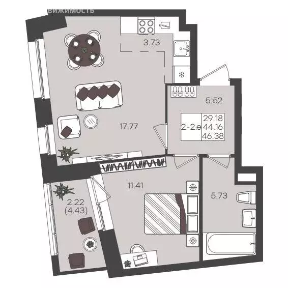 2-комнатная квартира: Казань, Дубравная улица, 26 (46.38 м) - Фото 1