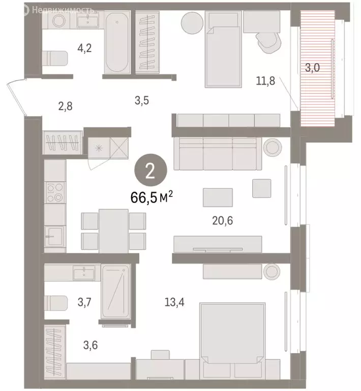 2-комнатная квартира: Тюмень, жилой комплекс На Минской (66.49 м) - Фото 1