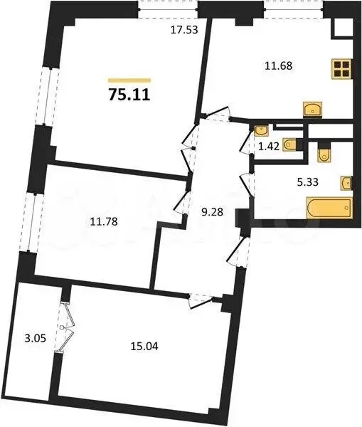 3-к. квартира, 75,1 м, 1/9 эт. - Фото 0