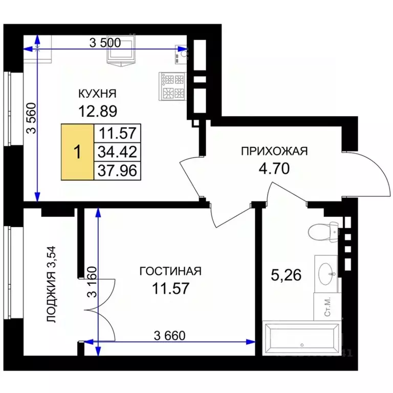 1-к кв. Калининградская область, Гурьевск Включи жилой комплекс (37.96 ... - Фото 0