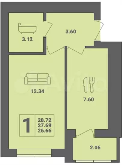 1-к. квартира, 28,7 м, 5/6 эт. - Фото 1
