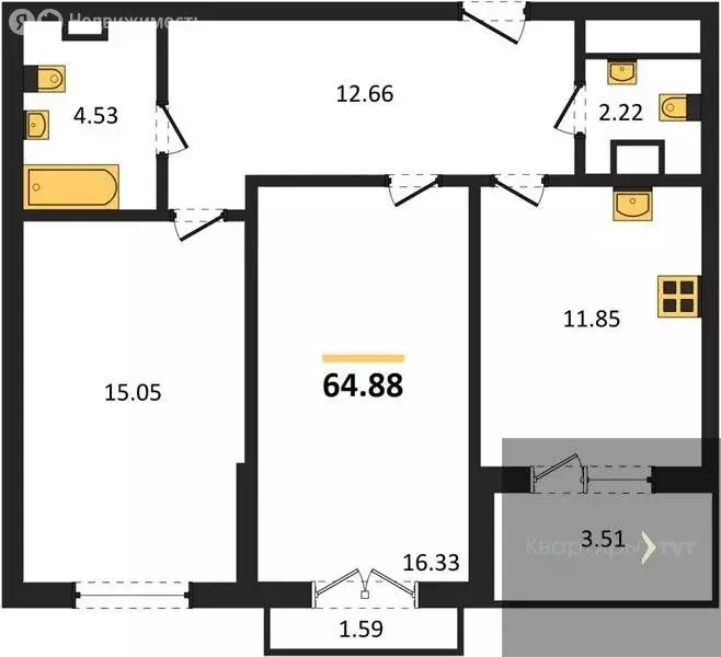2-комнатная квартира: Воронеж, квартал Учхоз, ЖК Городские сады (64.88 ... - Фото 1