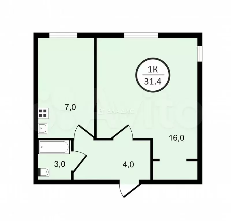 1-к. квартира, 31,4 м, 1/9 эт. - Фото 0