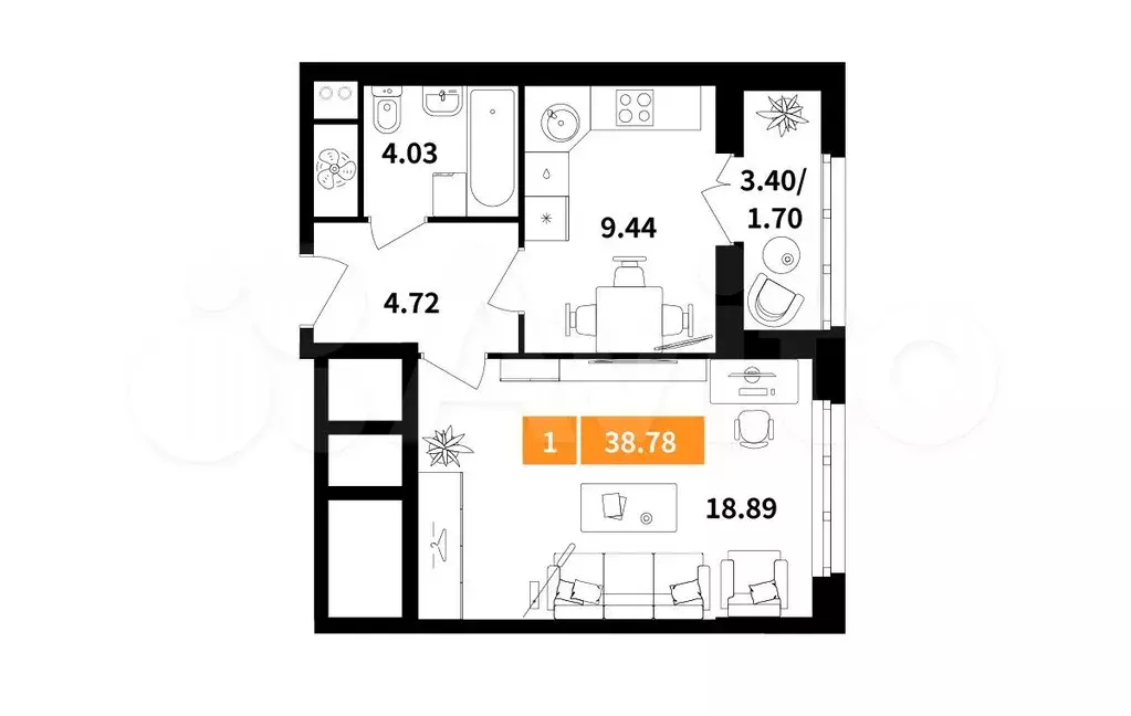 1-к. квартира, 38,8 м, 9/9 эт. - Фото 0