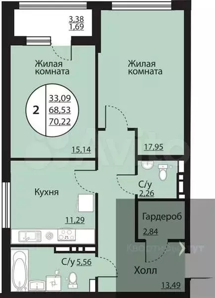 2-к. квартира, 70,2 м, 11/24 эт. - Фото 0