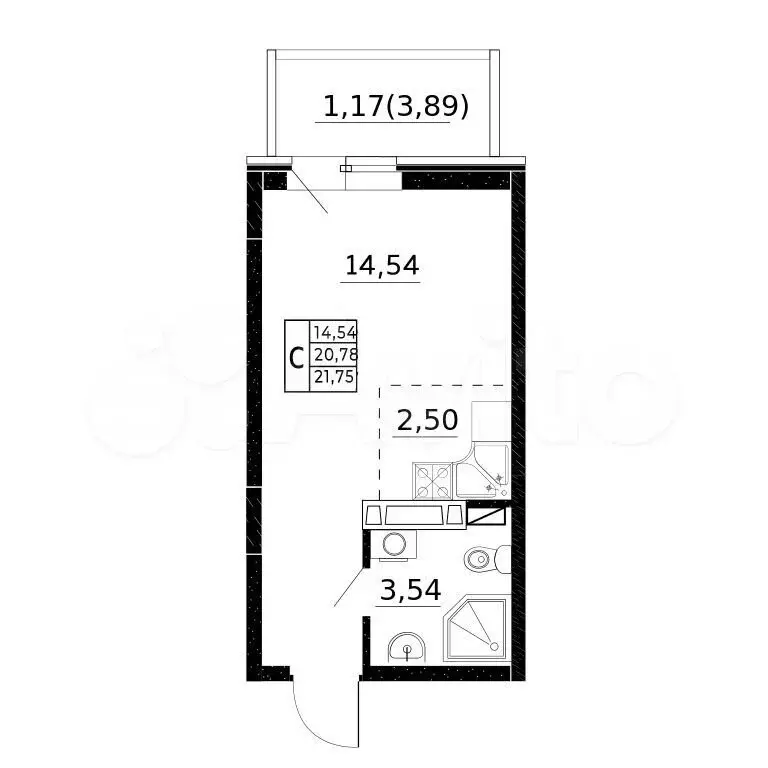 Квартира-студия, 21,8м, 24/24эт. - Фото 0