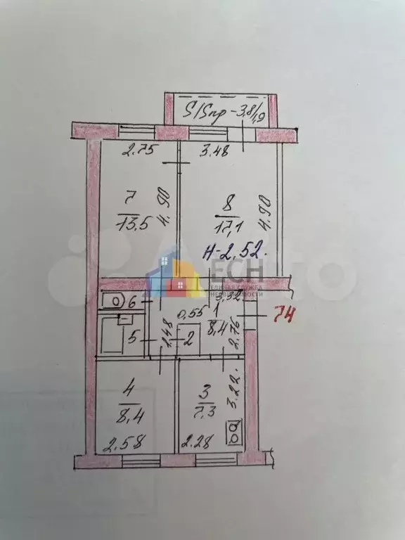 3-к. квартира, 59,4 м, 3/5 эт. - Фото 0
