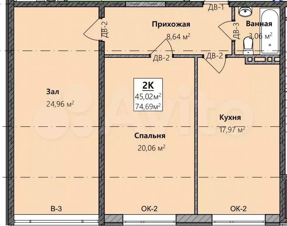 2-к. квартира, 74,7 м, 4/9 эт. - Фото 1