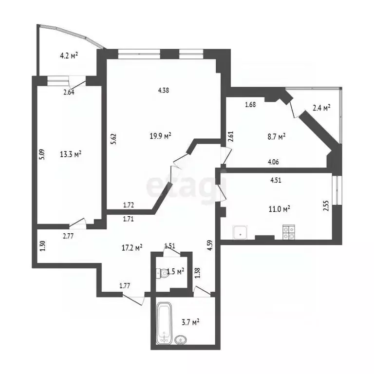 3-к кв. Тюменская область, Тюмень ул. Василия Гольцова, 3 (75.3 м) - Фото 2