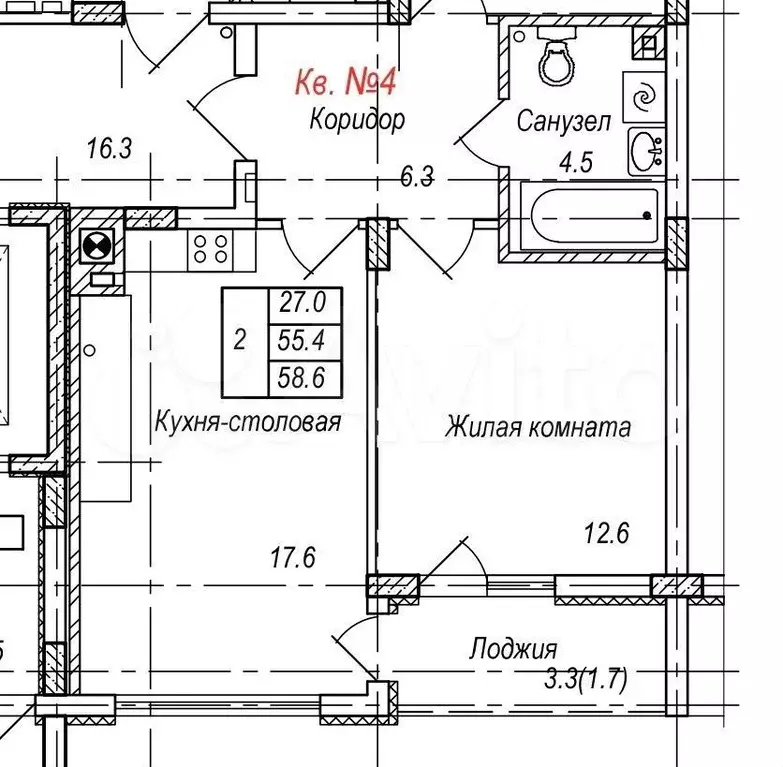 1-к. квартира, 58,6 м, 1/7 эт. - Фото 0