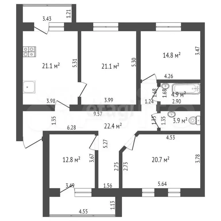 4-к. квартира, 121,7 м, 2/5 эт. - Фото 0