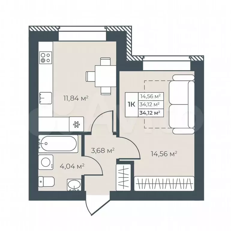 1-к. квартира, 34,1 м, 3/8 эт. - Фото 0
