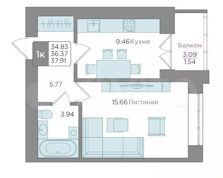 1-к. квартира, 37,9 м, 7/9 эт. - Фото 1