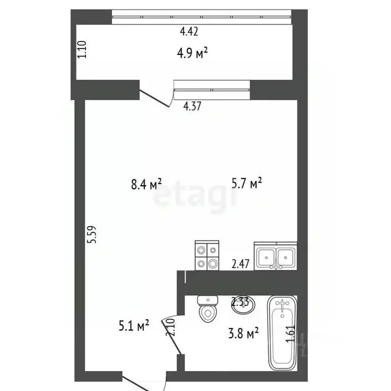 Студия Тюменская область, Тюмень ул. Братьев Бондаревых, 5 (23.0 м) - Фото 1