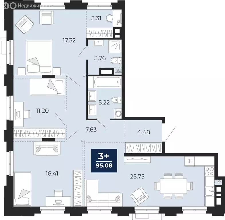 3-комнатная квартира: Тюмень, улица Пожарных и Спасателей, 1к1 (95.08 ... - Фото 1