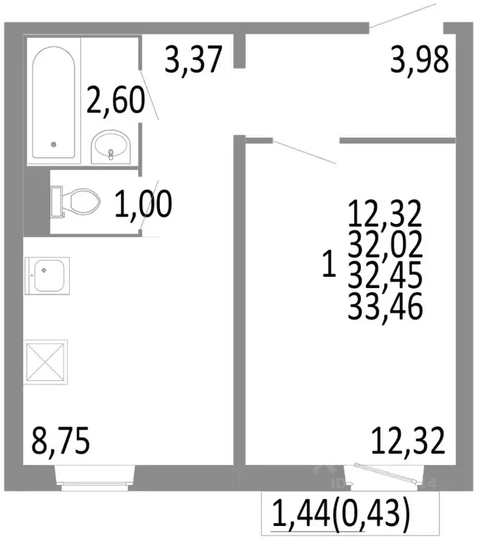 1-к кв. Челябинская область, Челябинск ул. Блюхера, 125Б (32.45 м) - Фото 0