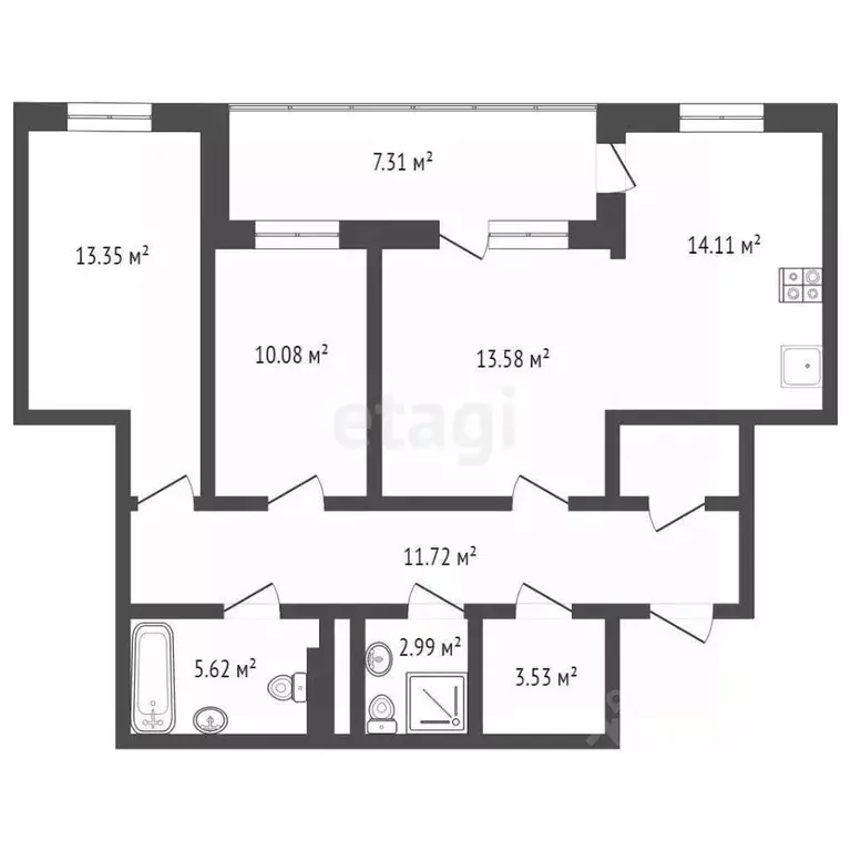 3-к кв. Тюменская область, Тюмень ул. Михаила Сперанского, 39 (80.0 м) - Фото 2