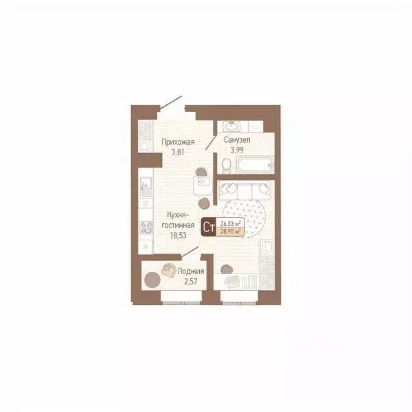 1-к кв. Тульская область, Тула Кулик жилой комплекс (27.62 м) - Фото 1