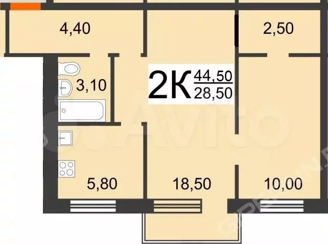 2-к. квартира, 44,5 м, 5/5 эт. - Фото 0