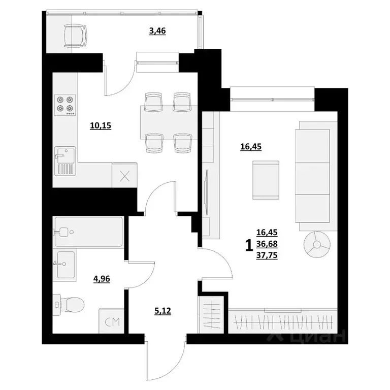 1-к кв. Белгородская область, Белгород ул. Квасова (37.72 м) - Фото 1