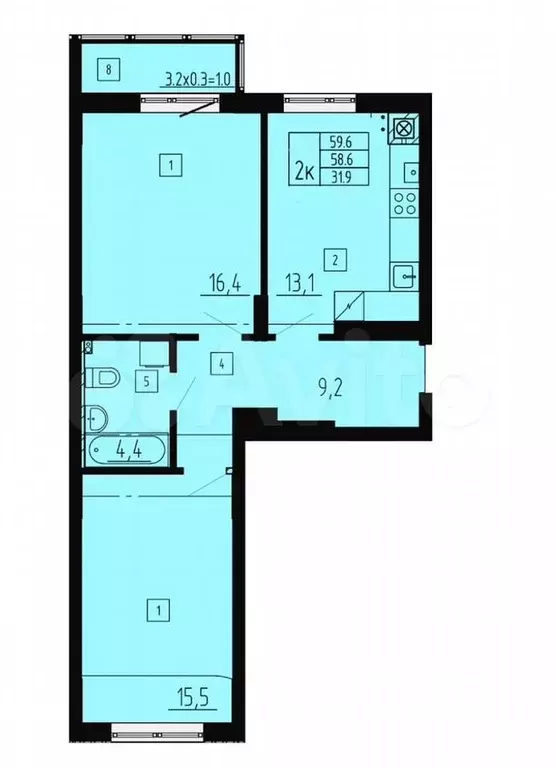 2-к. квартира, 59,6 м, 2/8 эт. - Фото 1