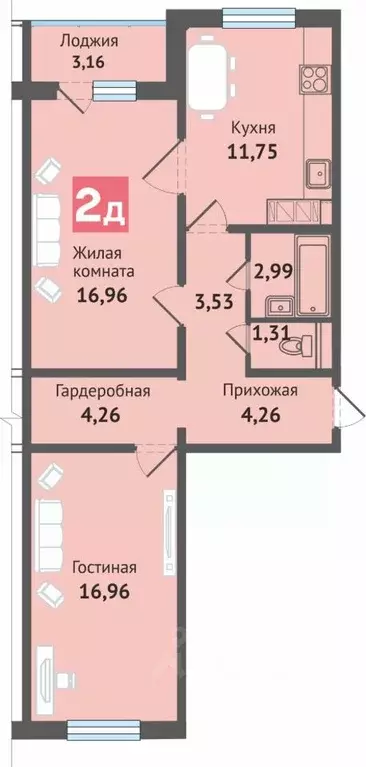2-к кв. Чувашия, Чебоксары ул. Академика В.Н.Челомея, 12 (65.18 м) - Фото 1