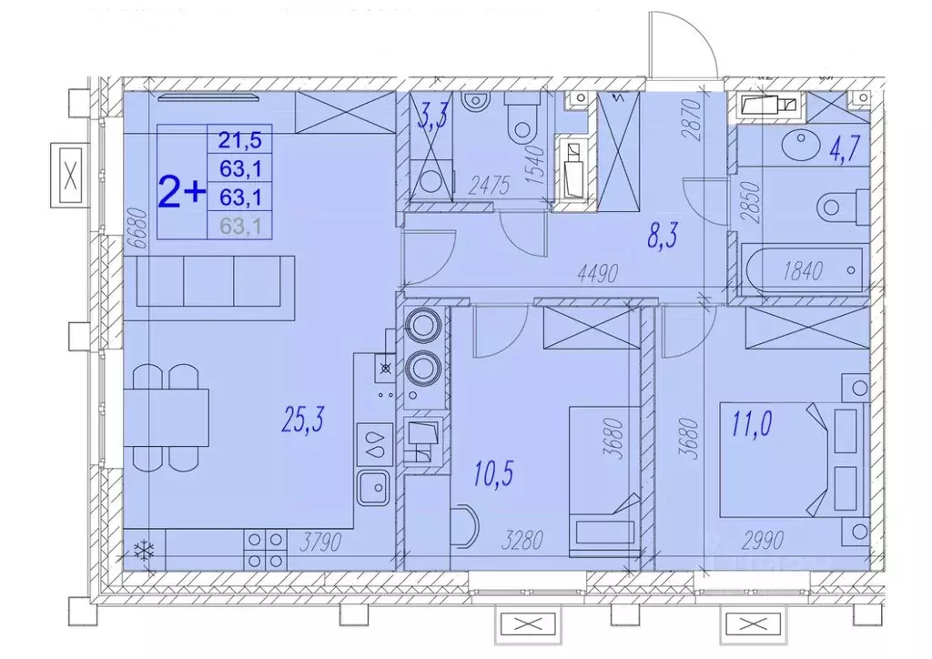 2-к кв. Астраханская область, Астрахань ул. Трофимова (63.1 м) - Фото 1