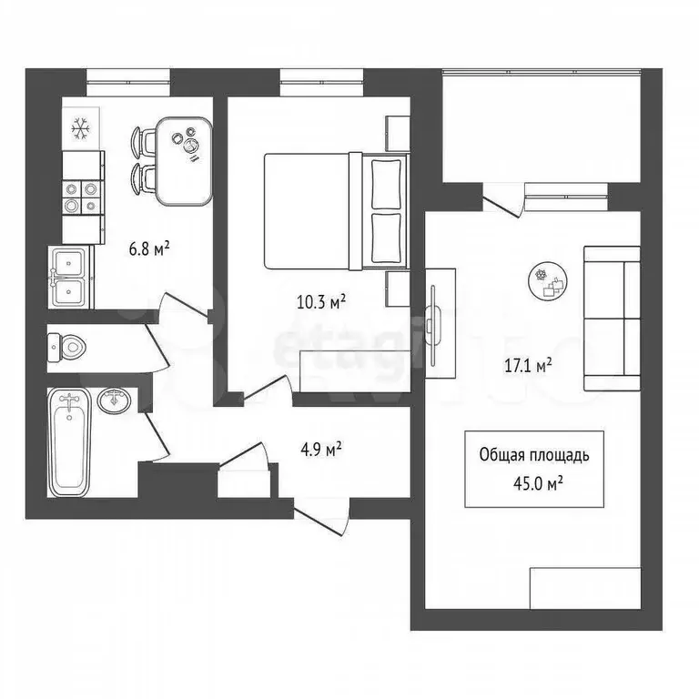 2-к. квартира, 45 м, 5/9 эт. - Фото 0