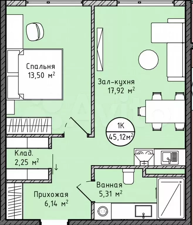 1-к. квартира, 45 м, 6/17 эт. - Фото 0