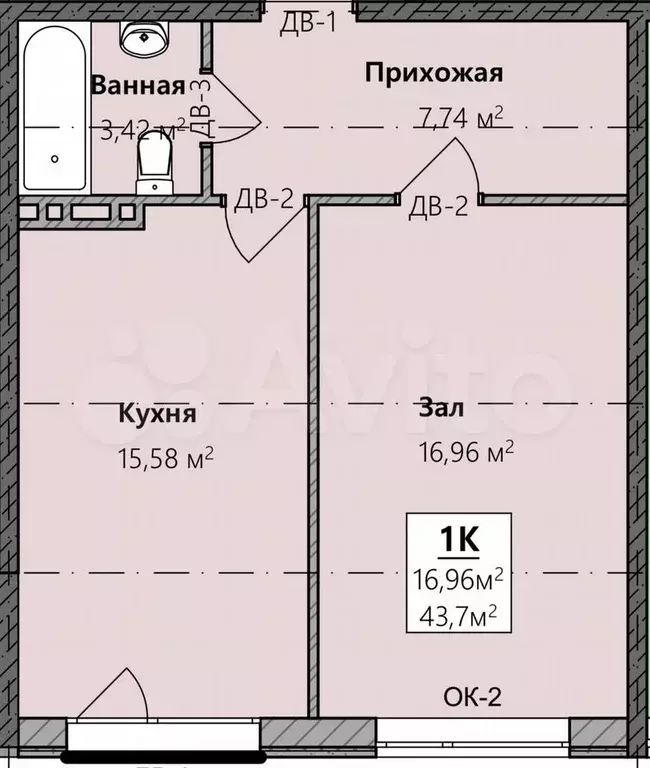1-к. квартира, 43,7 м, 5/8 эт. - Фото 1