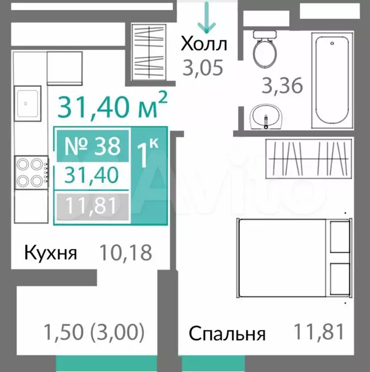 1-к. квартира, 29,9 м, 7/10 эт. - Фото 0